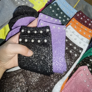 珍珠袜子女中筒袜闪亮金银丝堆堆袜ins潮多巴胺彩色银葱亮丝长袜