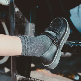 闪亮银葱堆堆袜子女中筒袜亮晶晶金银丝纯棉高腰袜ins潮jk时装袜