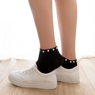 珍珠袜子女日系纯棉短袜铆钉亮珠浅口袜韩国可爱运动袜夏春季 棉袜