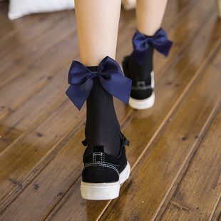 超大蝴蝶结袜天鹅绒短袜女夏季 超薄日系学生袜学院风中筒长袜子棉