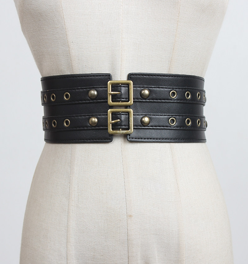 暗黑系朋克机能风金属铆钉多孔装饰双皮带少女ins潮百搭腰带配饰