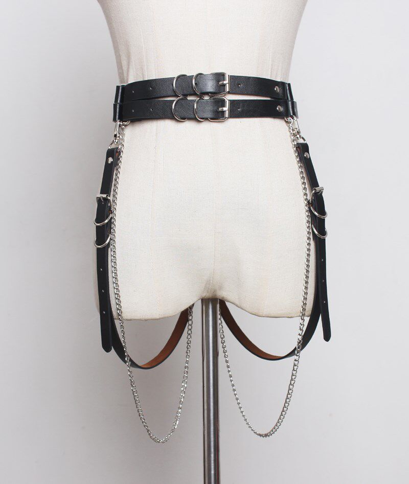 暗黑系哥特式PU人造革链条式腰链女2019个性性感多扣百搭裙子装饰