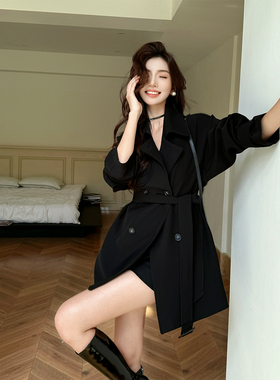 浅布调春秋新款高级感黑色中长款风衣外套女收腰绑带休闲上衣潮