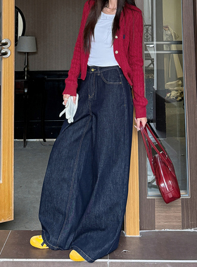 断码5折清仓~女春秋深蓝色美式复古直筒休闲廓形宽松阔腿牛仔裤