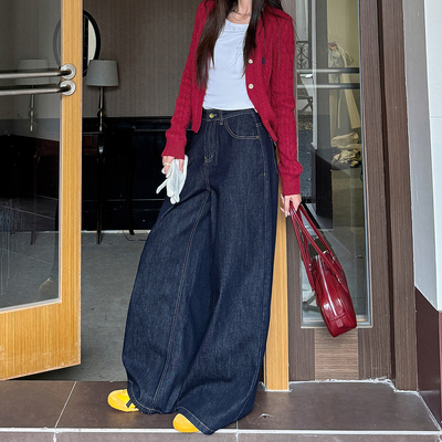 深蓝色牛仔美式阔腿裤拖地裤长裤