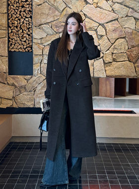 浅布调秋冬新款正肩经典双排扣气质深灰呢大衣高个子长款毛呢外套