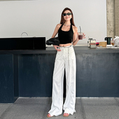 天丝白色阔腿牛仔裤 夏宽松高腰开叉拖地薄款 加长裤 浅布调6折清仓