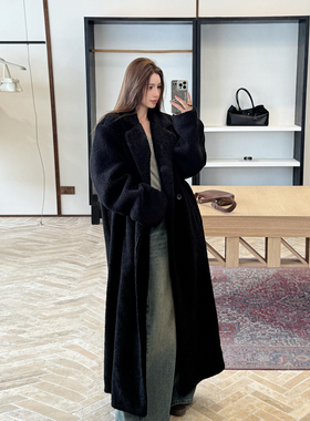 浅布调 冬季新款加厚宽松环保羊羔毛大衣女高个长款加厚毛呢外套