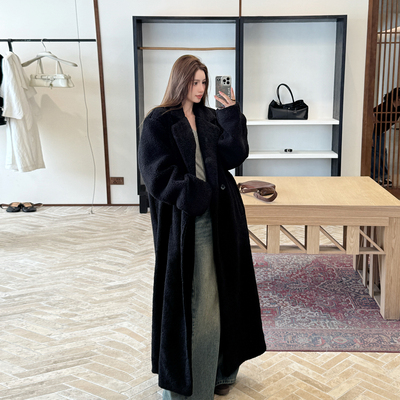 加厚宽松环保黑色羊羔毛大衣外套