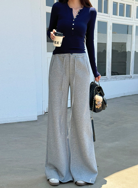 浅布调秋冬厚款高腰松紧宽松垂感阔腿裤灰色卫裤高个子加长休闲裤