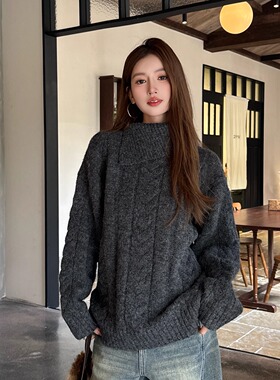 浅布调秋冬高领加厚麻花灰色羊毛衣宽松慵懒半开叉翻领针织上衣女