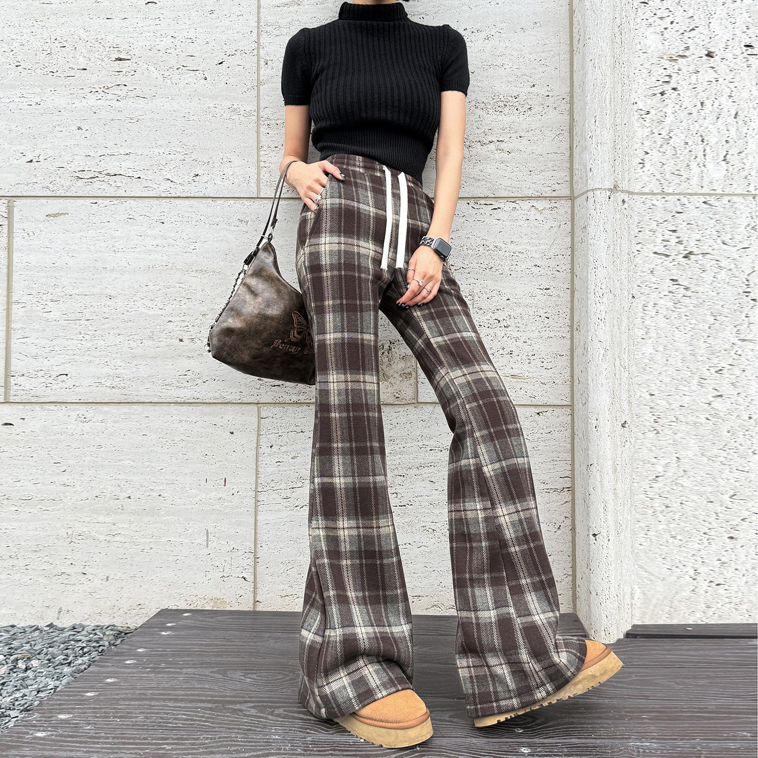 浅布调高个子加长裤冬高腰休闲加厚加绒复古毛呢格子阔腿喇叭裤女,女装/女士精品,休闲裤,淘宝优惠券,粉丝福利购,淘宝优惠卷
