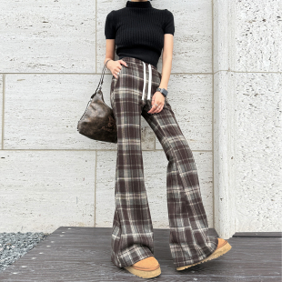 浅布调高个子加长裤 女 冬高腰休闲加厚加绒复古毛呢格子阔腿喇叭裤
