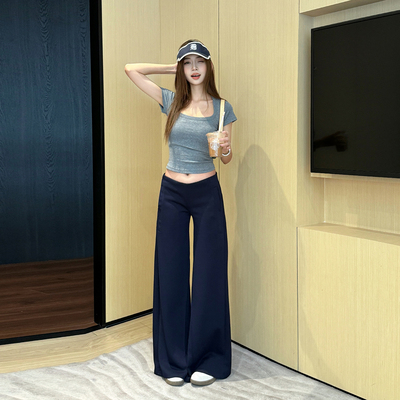 空气层藏青低腰垂感阔腿微喇裤