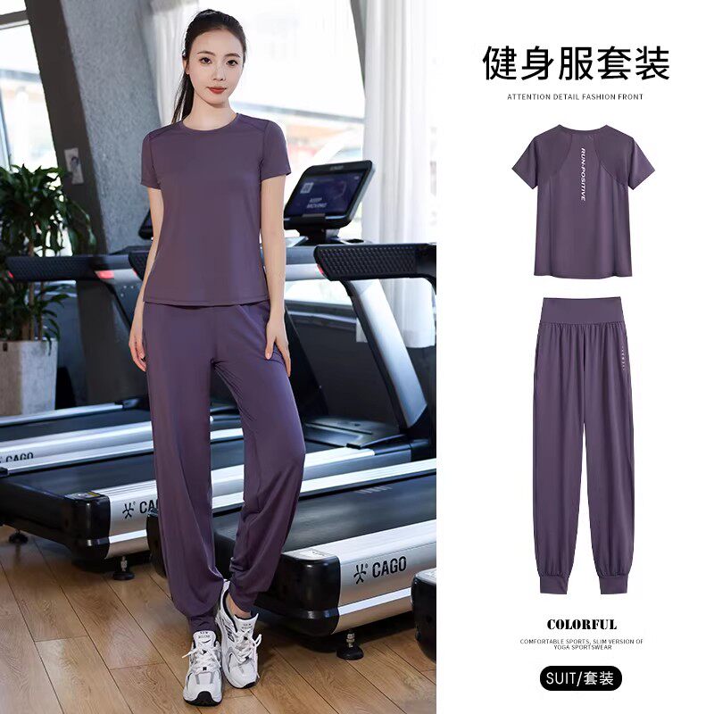 夏季运动套装女 短袖长裤内衣三件套 速干透气网球健身跑步训练服