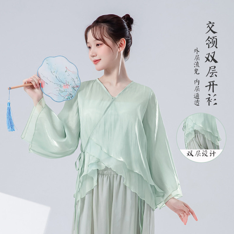 古典舞蹈服交叉双层系带丝滑流光皱开衫飘逸纱衣形体练功禅意上衣