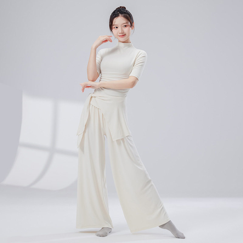 现代舞蹈服成人新款圆领短袖阔腿披肩三件套修身练功演出服套装女