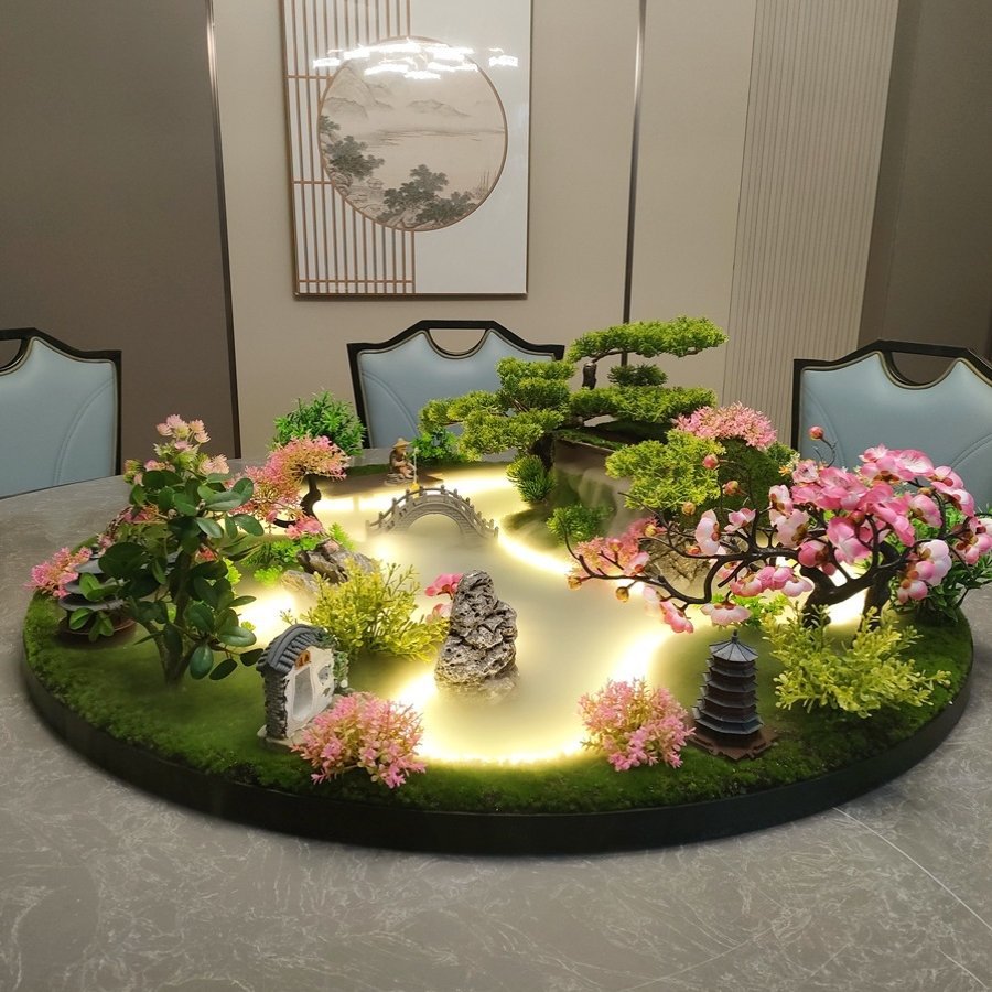 餐桌中间摆花喷雾化流水灯光遥控桌摆转盘花摆圆桌芯装饰盆景花瓶