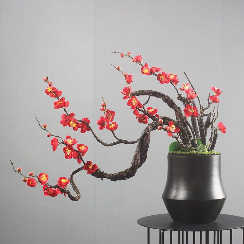 餐桌摆花中式新腊梅仿真花绢布茶几禅意摆件干枝梅花插花客厅假花