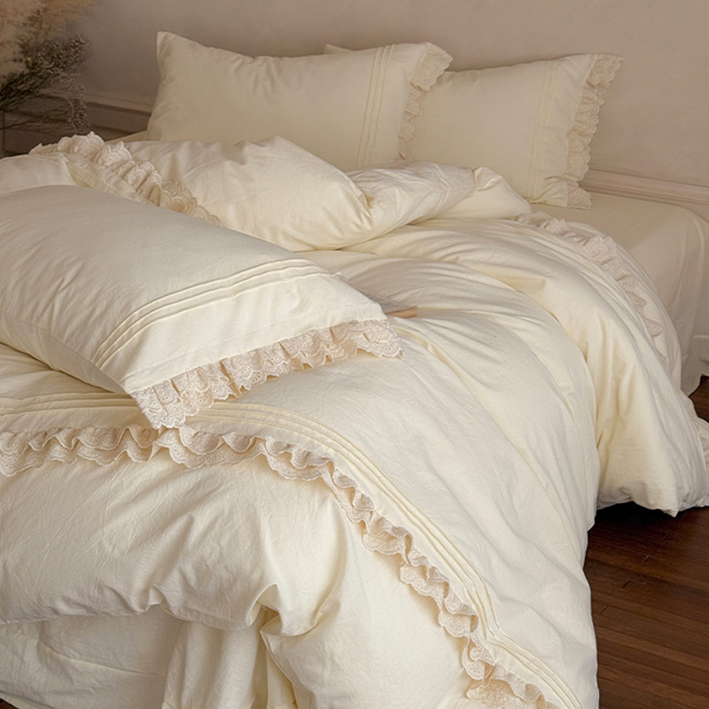 金喜鸟家纺韩系纯色公主风被套四件套全棉纯棉新款高级感床上用品