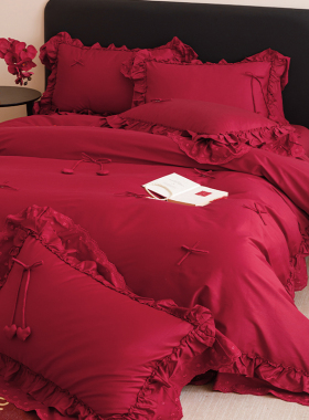 金喜鸟家纺韩式婚庆蝴蝶被被套公主风婚礼四件套全棉大红色结婚款