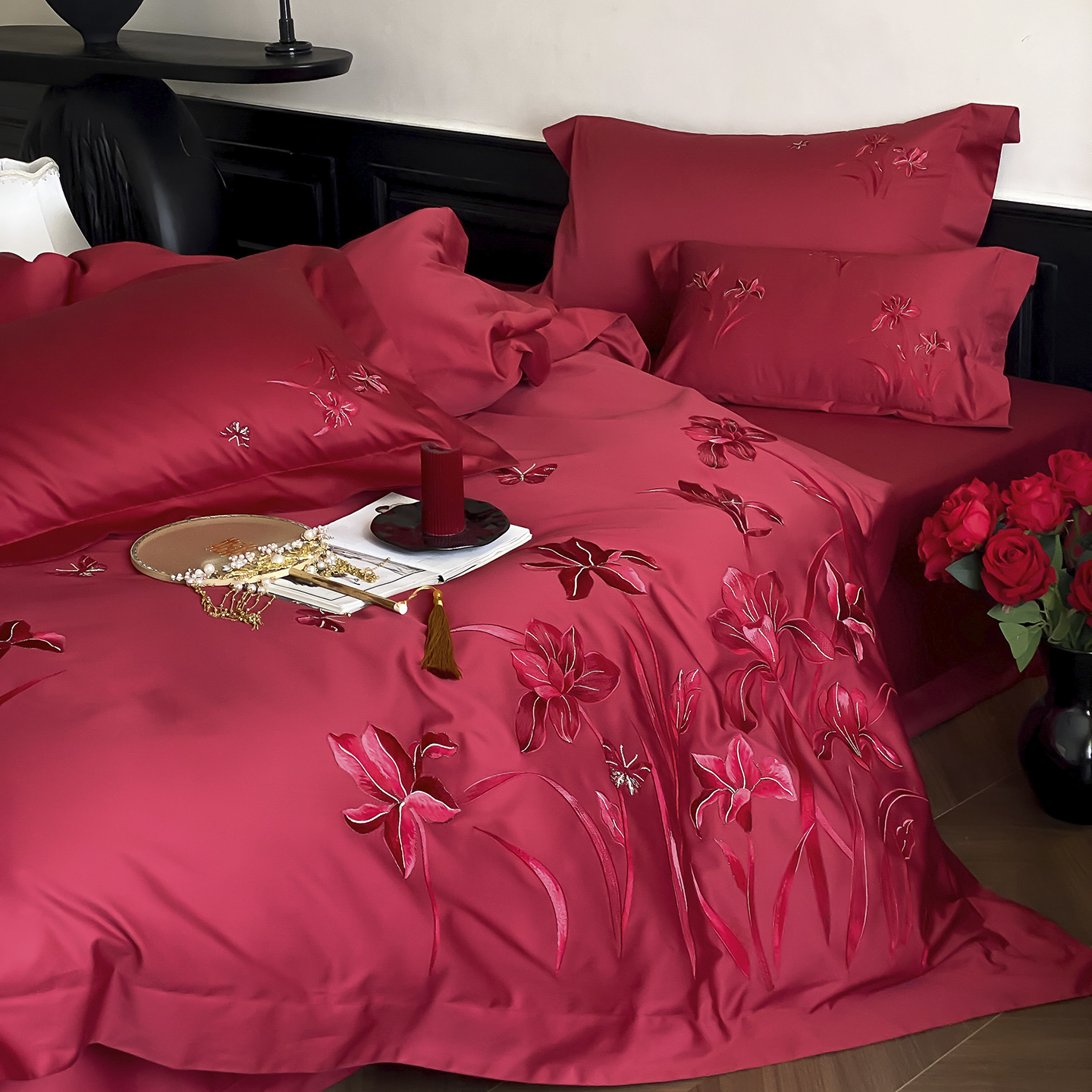 蝶恋花年轻人婚礼陪嫁结婚四件套纯棉全棉婚庆100s长绒棉床上用品