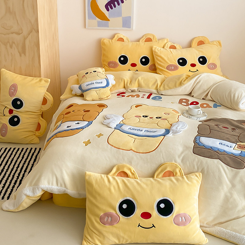 金喜鸟家纺可爱天使小熊卡通牛奶绒四件套冬季加厚珊瑚绒新款床品