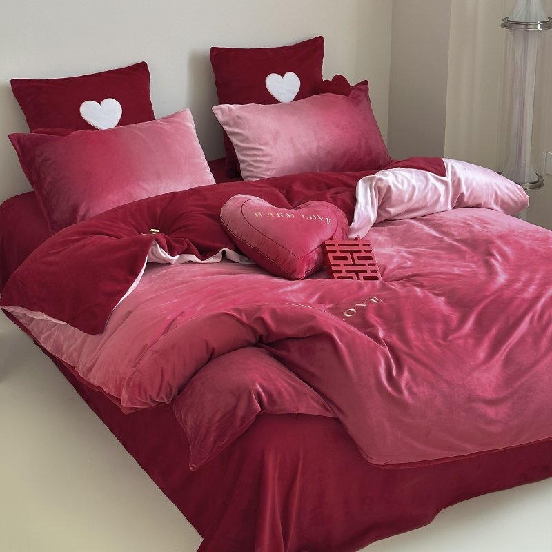 金喜鸟家纺简约渐变色结婚喜庆四件套冬季牛奶绒保暖珊瑚绒婚庆款