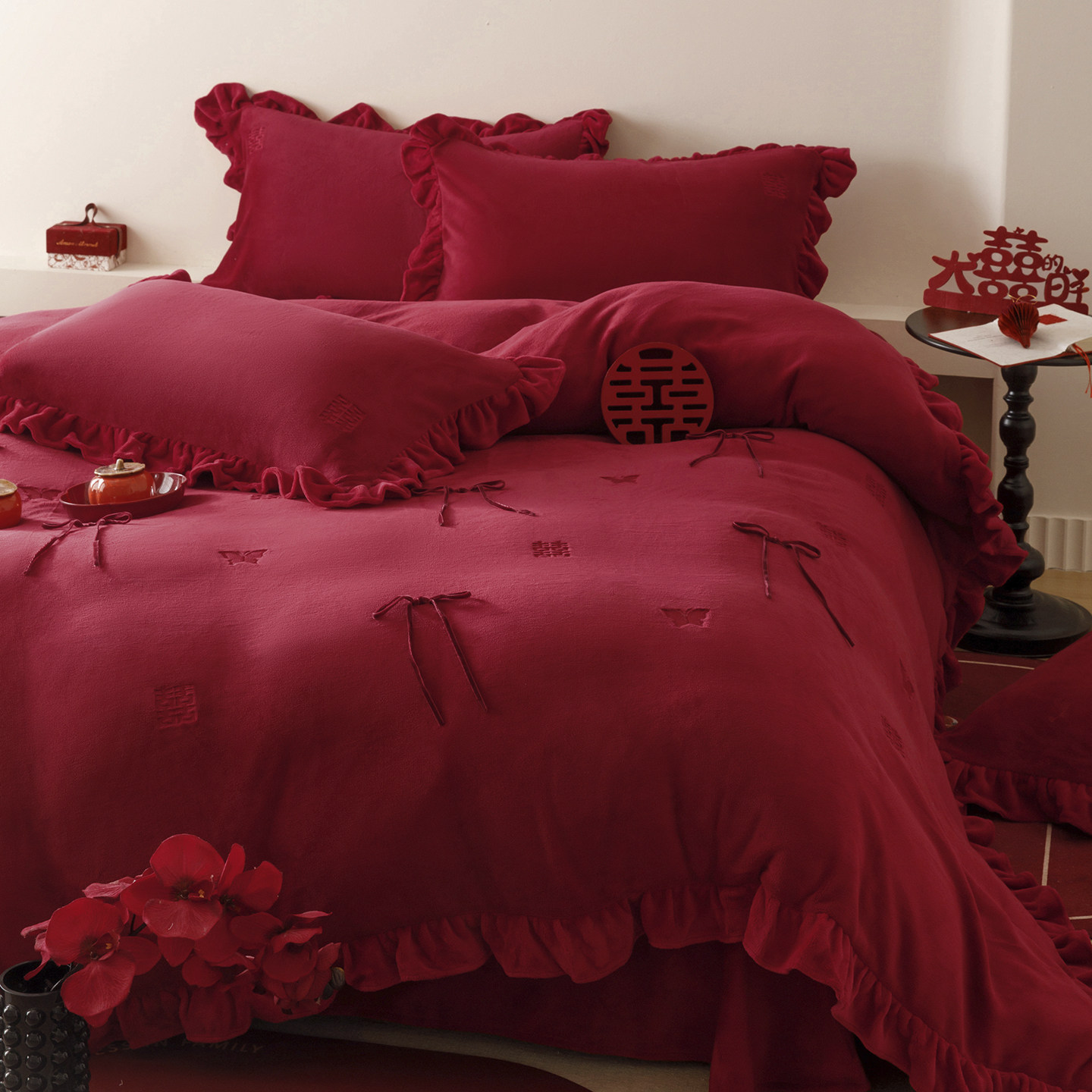 年轻人婚礼大红色婚庆结婚四件套冬季牛奶绒被套公主风立体蝴蝶结