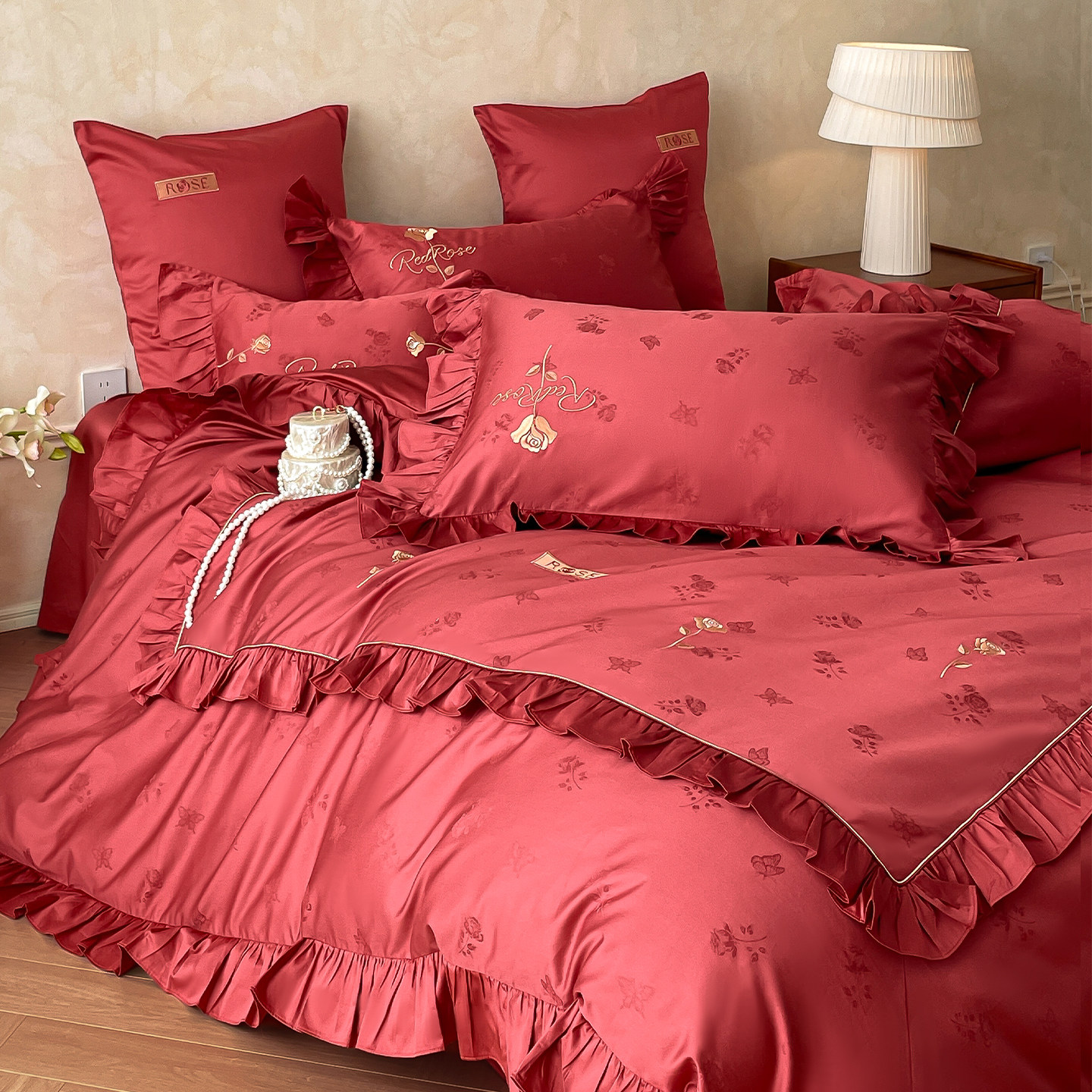 年轻人婚礼陪嫁大红色玫瑰花婚庆四件套纯棉全棉花边喜被床单结婚,床上用品,婚庆床品套件,淘宝优惠券,粉丝福利购,淘宝优惠卷