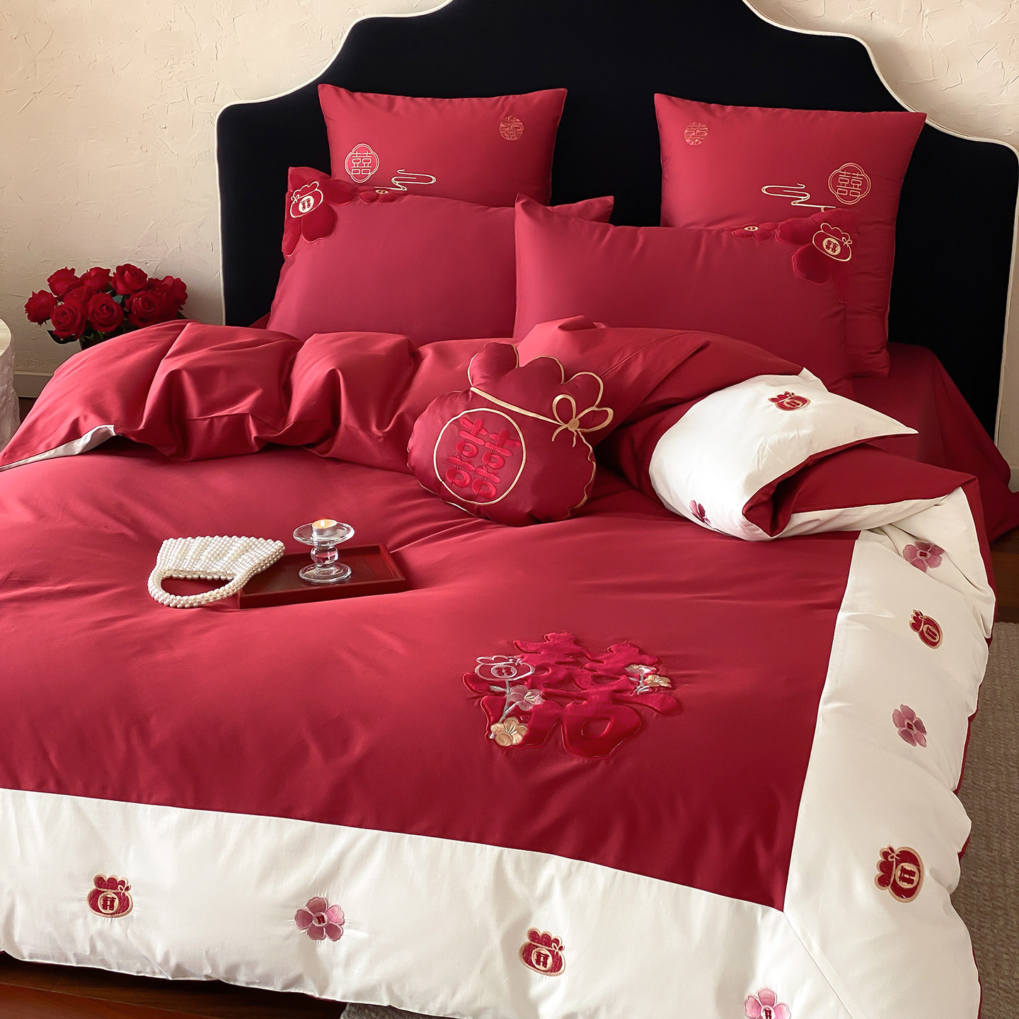 高端年轻人婚礼被套红色婚庆四件套全棉纯棉喜庆陪嫁床品新婚夫妇,床上用品,婚庆床品套件,淘宝优惠券,粉丝福利购,淘宝优惠卷
