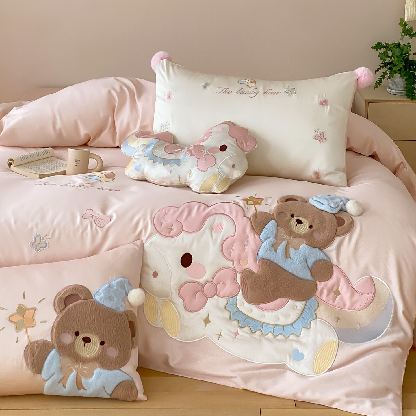 金喜鸟家纺少女心卡通小熊被套女孩儿童四件套纯棉全棉长绒棉粉色