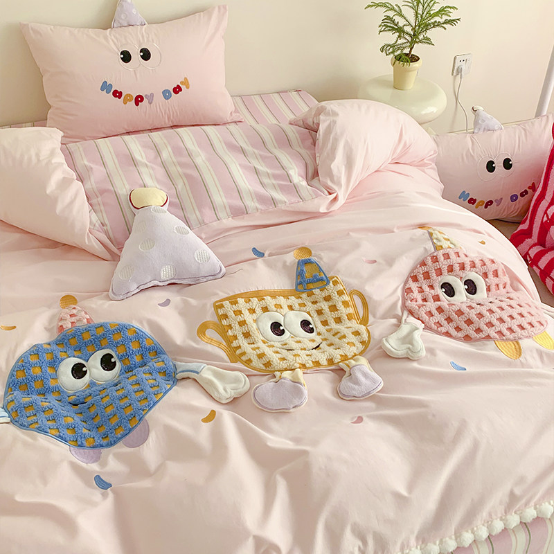 立体曲奇少女心毛球花边全棉水洗棉四件套卡通可爱纯棉床上用品,床上用品,床品套件/四件套/多件套,淘宝优惠券,粉丝福利购,淘宝优惠卷