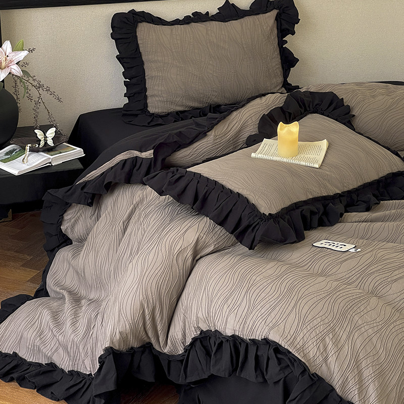 金喜鸟家纺法式黑色复古纹理感水洗棉四件套全棉纯棉被套床上用品,床上用品,床品套件/四件套/多件套,淘宝优惠券,粉丝福利购,淘宝优惠卷