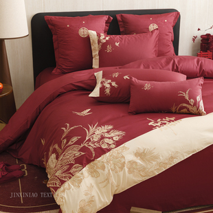 高端婚礼陪嫁年轻人结婚四件套全棉婚庆大红色刺绣床品喜被陪嫁