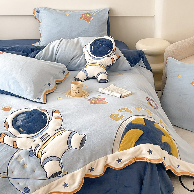 探索星空卡通儿童男孩房保暖牛奶绒四件套冬天珊瑚绒加厚床上用品