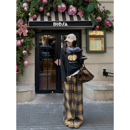 12/23  10AM  徐琳  复古格纹宽松直筒棉感磨毛绒面休闲裤