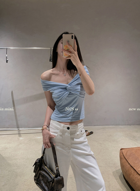 徐琳STUDIO「轻透薄荷」纯欲修身打结褶皱收腰短款一字肩短上衣