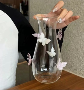 可爱立体蝴蝶花瓶透明凉水壶高硼硅玻璃醒酒瓶客厅桌面装饰品摆件