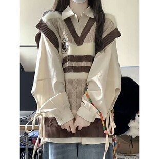 两件套装 春秋季 新款 日系甜美学院风撞色v领针织马甲背心女长衬衫