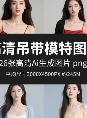 高清吊带模特图Ai红色蓝色粉色吊带清新纯色背景人物png格式图片