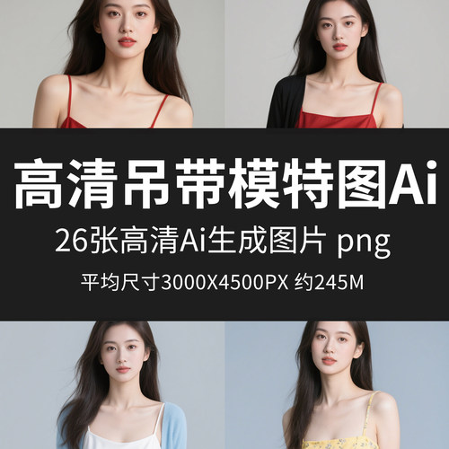 高清吊带模特图Ai红色蓝色粉色吊带清新纯色背景人物png格式图片