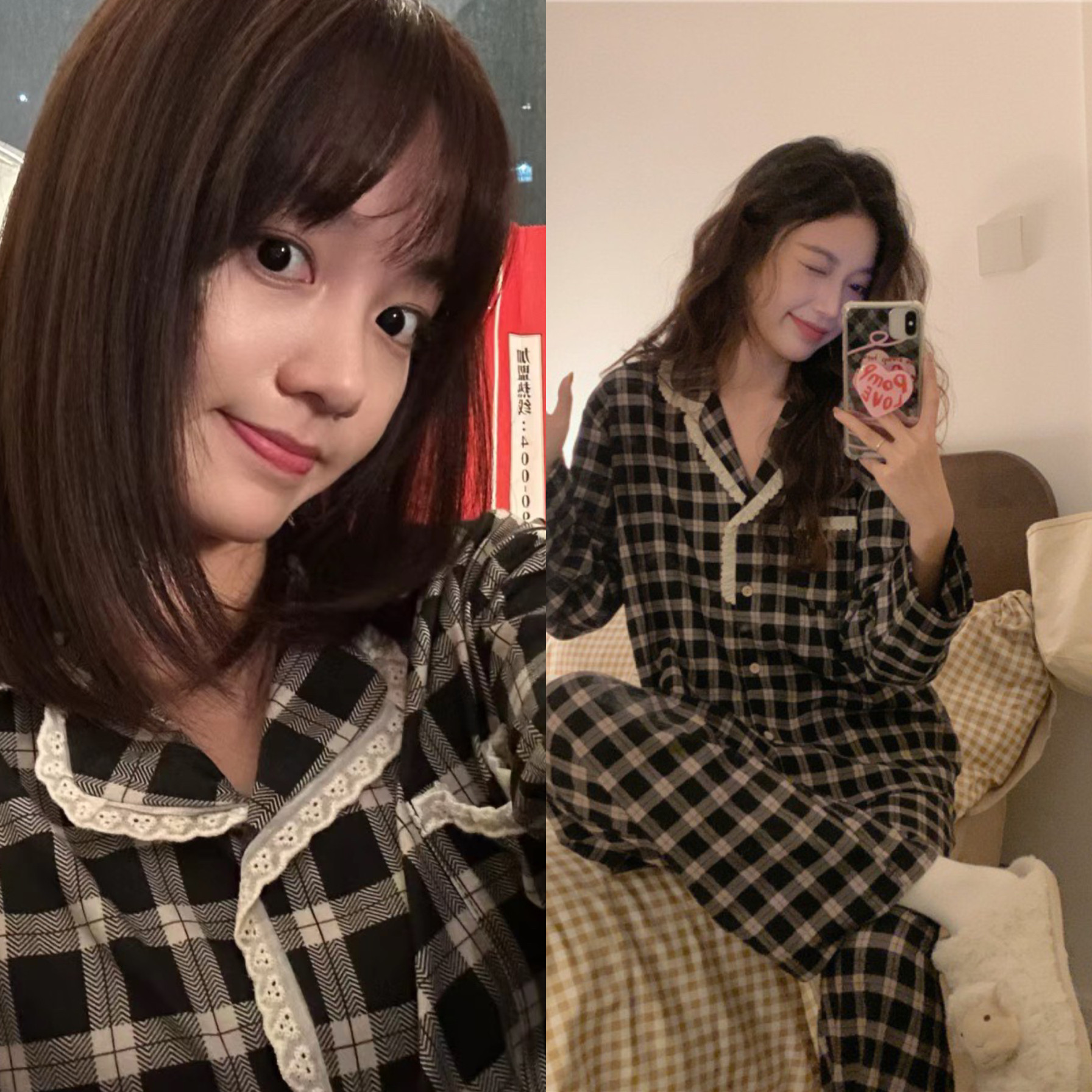 遇见你的那天姜之南同款慵懒格子休闲翻领长袖甜美家居服睡衣套装