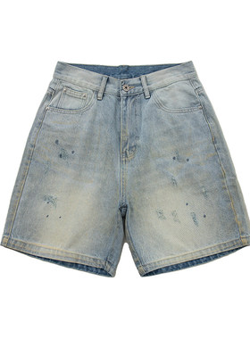 梧桐有雨原创设计夏季新品做旧漆点蓝色洗水牛仔短裤男女五分裤