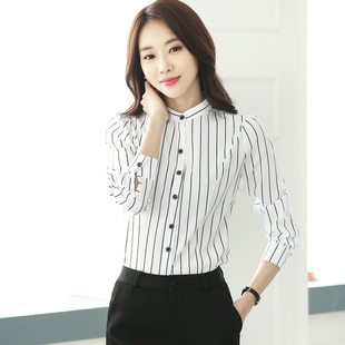 2023秋装新款韩版女装黑白竖条纹修身大码上衣长袖雪纺衬衫女衬衣
