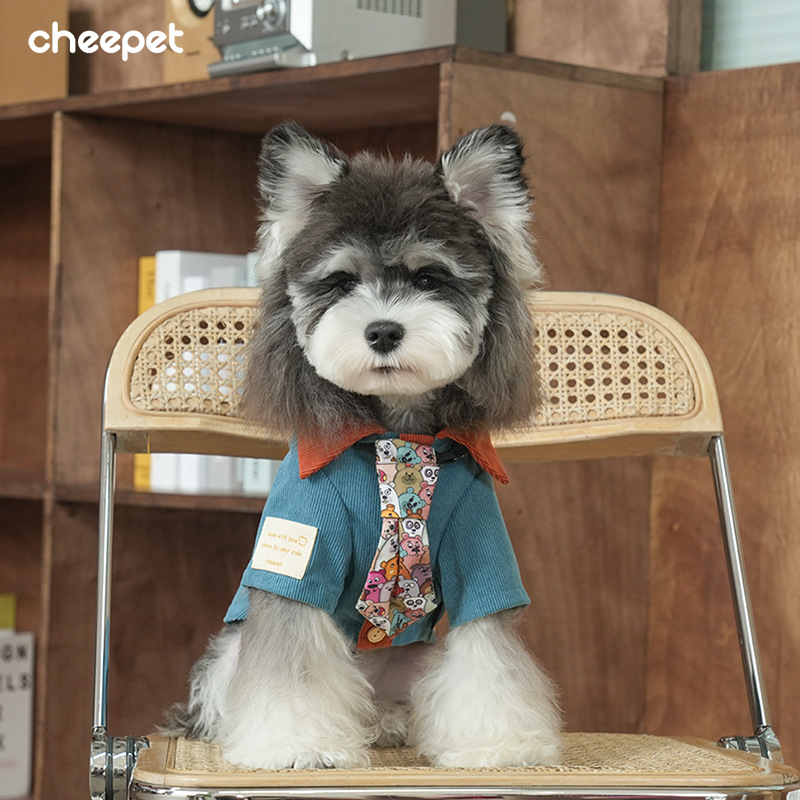 cheepet趣派秋冬港式复古领带衬衫比熊雪纳瑞小奶狗狗两腿外穿服