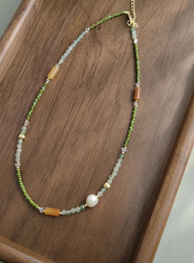 碧泉绿意国风轻奢小众绿松石串珠祖母绿项链双层叠戴气质女