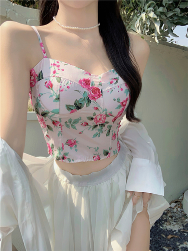 Real shooting and real price new suspender vest flower adjustable shoulder strap back elastic chest Wrap Top