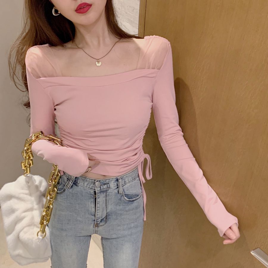 Real price slim drawstring mesh stitching long sleeve bottom T-shirt with blouse