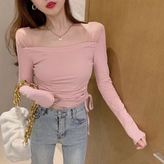 Real price slim drawstring mesh stitching long sleeve bottom T-shirt with blouse